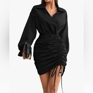Women's Long Sleeve Drawstring Ruched Collar Bodycon Dress